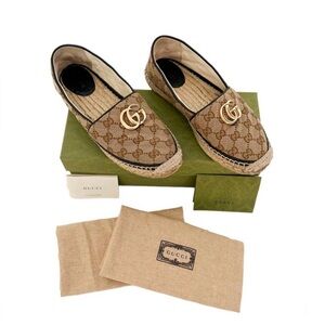 Gucci Pilar GG Supreme Canvas Espadrilles Brown Logo Marmont Flat Slip on EU 38